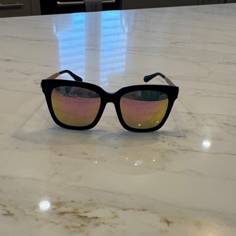 Diff Eyewear Black Sunglasses with Pink-Gold Mirrored Lenses
